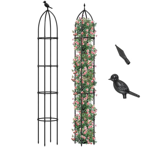 GiantexUK 2 Pack Metal Garden Obelisk, Height Adjustable Climbing Plants Trellis Frame Support with Decorative Heads & Gloves, Tubular Flower Plant Cage for Tomato Sweet Pea Roses Vegetables