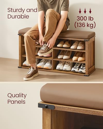 Image of VASAGLE LIRY Collection - Shoe Storage Bench with Removable Cushion, Shoe Rack with Padded Seat, Entryway Bench with 6 Open Compartmens, Adjustable Shelves, Honey Brown ULSB105K01