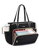 LOVEVOOK Teacher Tote Bag for Women, 15.6 Inch Laptop Bag with Accordion File Organizer & Large Cup Holder, Professional Waterproof Black Nurse Work Tote Bag for Office & Business