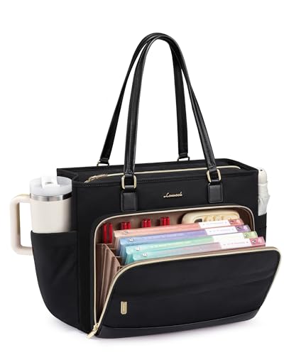 LOVEVOOK Teacher Tote Bag for Women, 15.6 Inch Laptop Bag with Accordion File Organizer & Large Cup Holder, Professional Waterproof Black Nurse Work Tote Bag for Office & Business