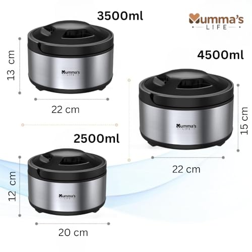 Image of Mumma's LIFE Stainless Steel Thermosteel Casserole Set of 3 for Kitchen| Hot Case Combo for Kitchen,Up to 2 Hour| Hot Box Pack of 3 (2500 ml, 3500 ml, 4500 ml)
