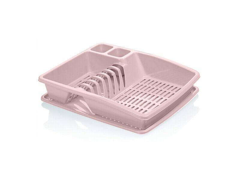 Optimal Products Plastic Large Kitchen Sink Dish Cutlery Plate Washing Up Bowls Holder Rack With Drip Tray Drainer (Pink)