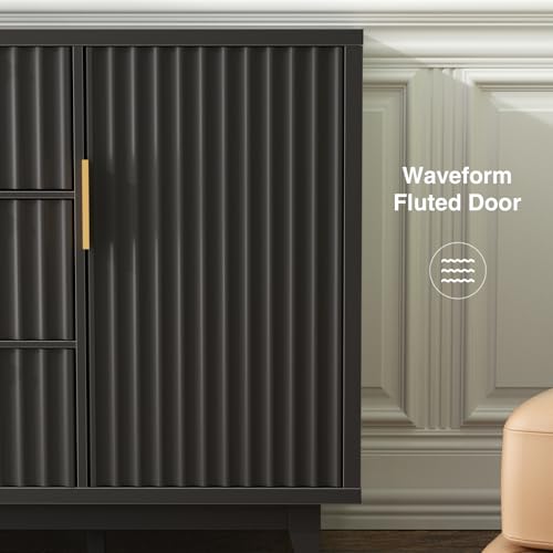 47.2" W Storage Cabinet with 3 Drawers, Fluted Buffet Cabinet with Storage, Large Sideboard with 2 Door, Modern Mid Century TV Stand Coffee Bar Cabinets for Living Room, Kitchen, Entryway - Thumbnail 3