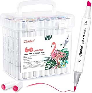 Ohuhu Brush Colouring Markers, 60 Colours Water-Based Dual Tips Art Markers for Kids Adults Coloring Calligraphy Drawing Sketching, 59 Unique Colors + 1 Colorless Blender, Chisel & Brush Dual Tips