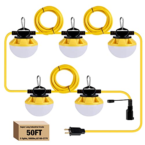 LED Construction String Light 50FT 50W 6000Lm 18AWG Wire 5000K Linkable String Work Lights with 5 Bulbs & Hooks Industrial Temporary Lighting for Construction Site Crawl Space Job Site Attic