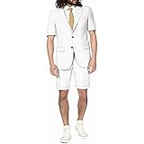FYNony Men's Casual 2 Piece Summer Short Sleeve Suit Shorts Suit Beach Wedding White Men's Suit Set Tuxedo for Men Slim Fit Blazer Shorts Set S