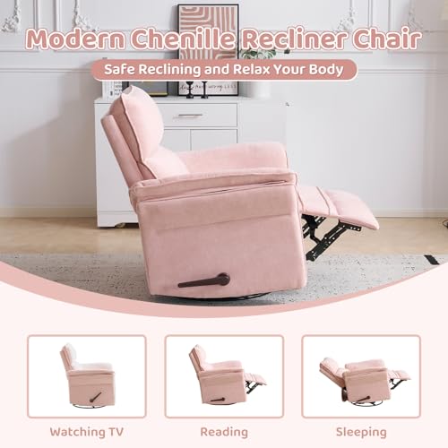 Image of Swivel Rocker Recliner with Adjustable Headrest,Upholstered Glider Rocker Recliner with Overstuffed Armrest,Manual Recliner Nursery Chair for Living Room,Pink