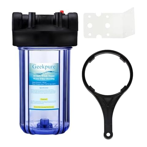 Geekpure 10 Inch Big Clear Water Filter Housing for Whole House Water Filtration with Wrench Bracket -1" Port-4.5" x 10" Cover