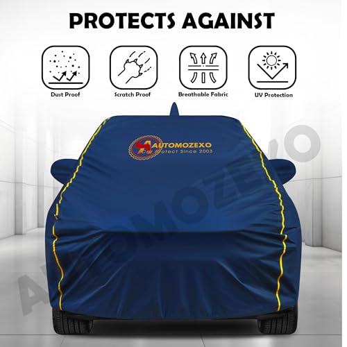 Image of Maruti Suzuki Dzire 100% Waterproof Car Cover (Midnight Blue) 6LYR HDPE 200gsm Strong Fabric for All Weather Protection, Mirror & Antenna Pocket, Cotton Layer, Adjustable Elastic Straps