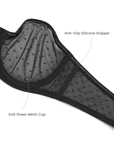 DOBREVA Damen Trägerloser BH Spitze Bandeau Bügel BH Sexy Transparent Ungefüttert Große Brüste Schwarz 75G