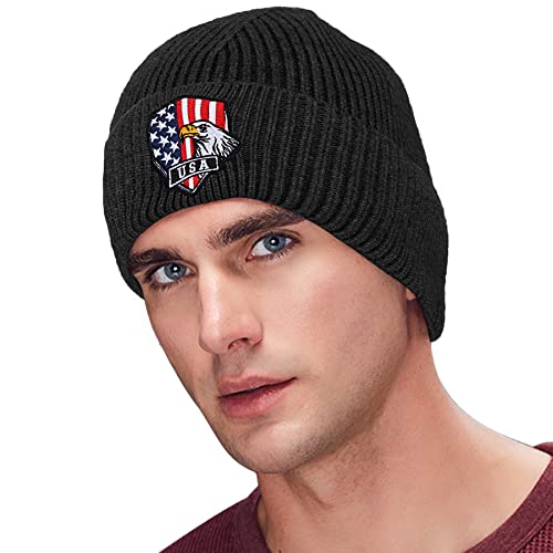 Beanie Hats For Men - Warm Winter Hats With American Flag Bald Eagle Embroidered Soft Knit Cuffed Skullies Cap With Designs Dark Grey #TOP10