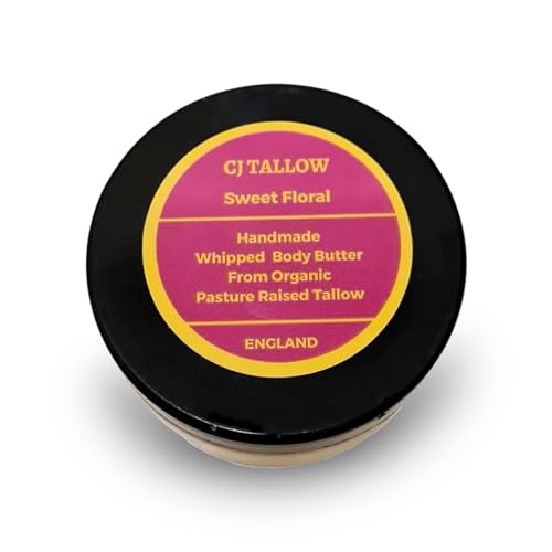 Beef Tallow Whipped Cream — Sweet Floral Scented | Jojoba & Rosehip Oil, Vitamin E | Face & Body Moisturiser | All Skin Types | 100% Organic Grass Fed Tallow, Made in UK by (CJ TALLOW) Net Wt 60ml