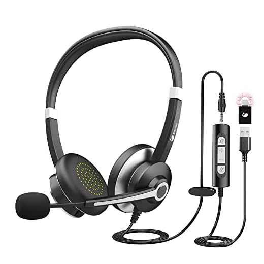 USB Headset With Microphone For Laptop, 3.5mm Jack On-Ear Headphones With Mic Noise Cancelling For PC, Wired Computer Headsets USB Type-C Adapter For Cell Phone/Call Center/Skype/Zoom/Webinar/Ms Teams