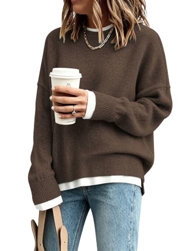 Image of Womens Sweaters Causal Crewneck Batwing Sleeve Knit Top Side Split Oversized Pullover Sweater Loose Jumper
