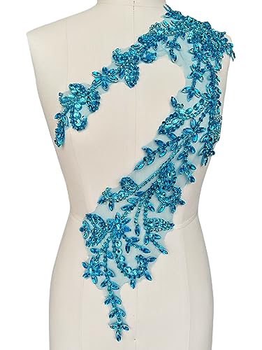 Handmade Shining Acrylic Rhinestones on lace Applique Sewing Beads Stones Trim Patches Accessories for Wedding Dress (Sky Blue)