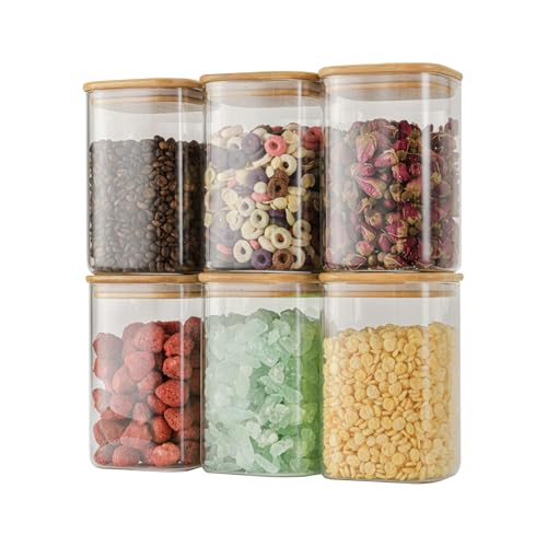 D2scrma 37oz Airtight Glass Square Storage Canisters with Bamboo Lid Set of 6 (1100ml) Stackable Containers, Kitchen Jars for Pantry Noodles, Flour and Coffee beans (with Black Lable)