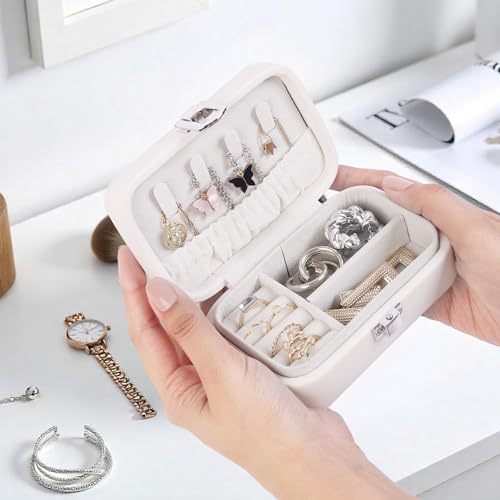 Image of BucketList PU Leather Jewellery Organizer Box with Ring Slots & Necklace Hooks | Compact Jewelry Storage Case with Secure Lock (Travel Jewellery Box Rectangular (White))