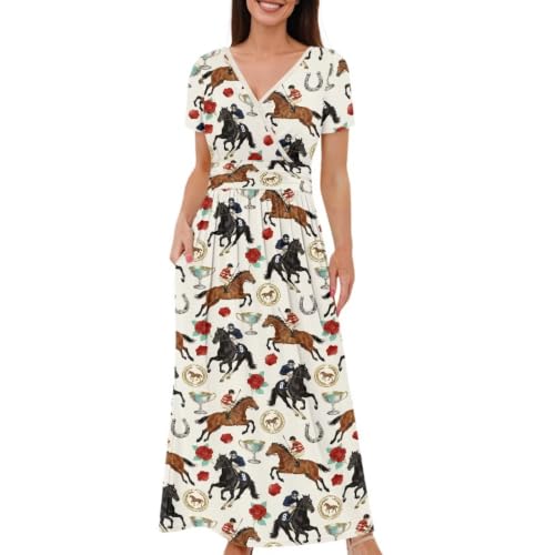 Image of Women's Fall Summer Short Sleeve Ankle Length V-Neck Party Dress with Pockets Size S-3XL