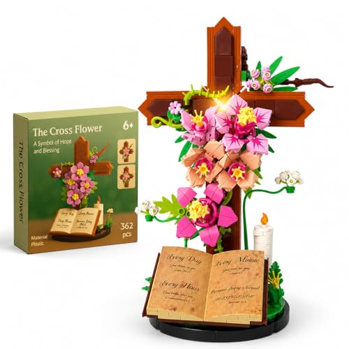 JYPRYMO Jesus Set Cross Flower Building Block Set, Christian Crucifix Floral Decor for Adults, Faith Inspired Religious Display for Home Desk, Bible Gift for Easter Cross Brick Set, Prayer Room