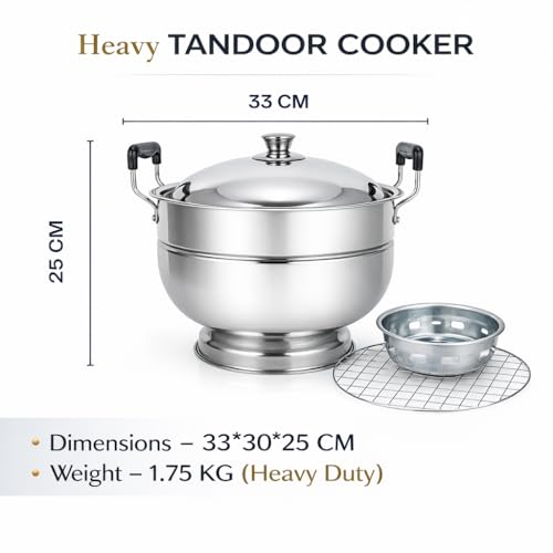 Image of Stainless Steel Bati Cooker & Gas Tandoor for Home Kitchen | Free Multipurpose SS Tong | Multi-Purpose Gas Oven with Heavy Duty Lid, Dual Riveted Handles