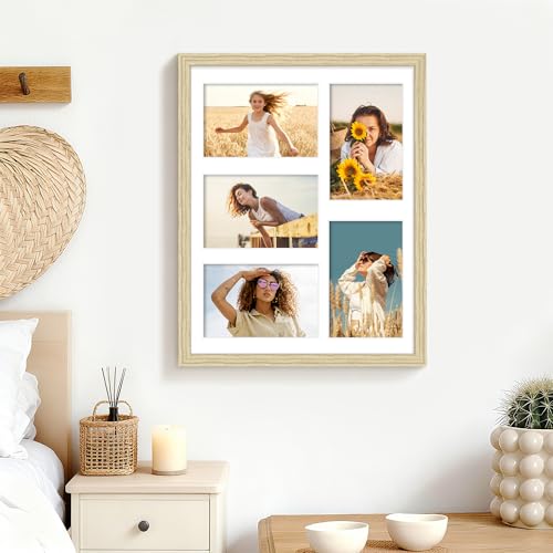 Image of DUENPY 11x14 Collage Picture Frame 4x6 Collage Picture Frame Displays Five 4x6 inch Photos or 11x14 (Without Mat) Wall Decor Wall Hanging or Tabletop Wood Color