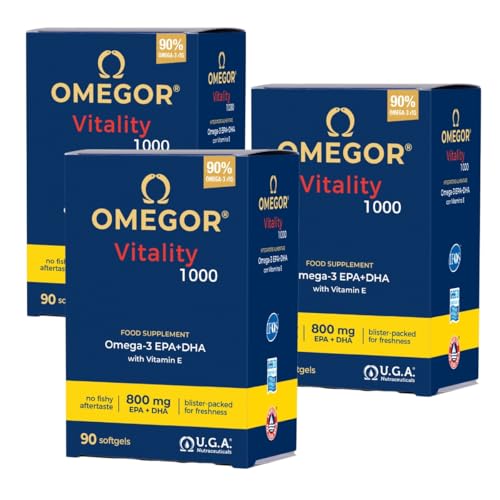 Omega 3 OMEGOR Vitality 1000 IFOS 5 Stelle dal 2006 - Olio di Pesce Omega 3 Capsule Senza Ritorno di Gusto e Facile da Digerire - 90 cps (3 Confezioni)