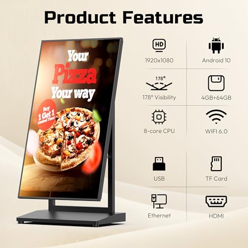 Image of 43 Inch Indoor Digital Signage Kiosk, Portable Digital Signage Display, LCD Advertising Screen, App Remote Control, Adjustable Angle