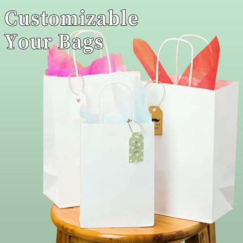 Image of RACETOP White Gift Paper Bags 100 Pack 8x4.5x10.8 in Medium with Handles | Recycled Kraft Paper, Medium Size, Reinforced Handles, for Groceries, Retail, Party Favors, Takeouts, Eco-Friendly