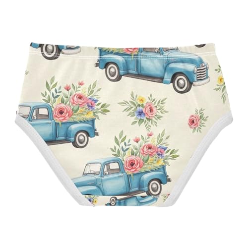 Toddler Girl Briefs, Blue Trucks Flowers Cream Cotton Underwear for Girls, 2–8 Years2