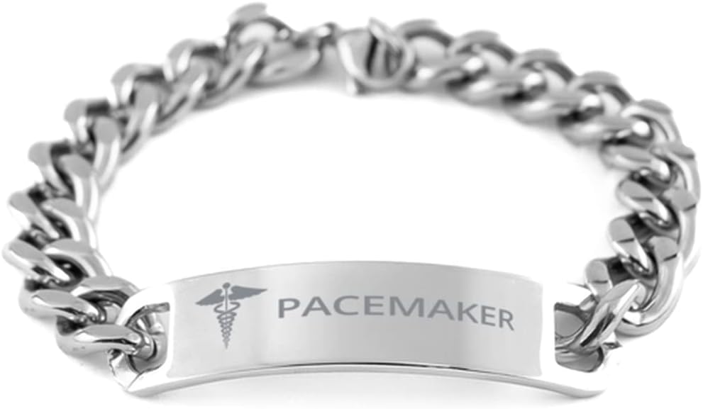 Medical Cuban Chain Stainless Steel Bracelet, Pacemaker Awareness, Medical Symbol, SOS Emergency Health Life Alert ID Engraved Stainless Steel Silver Jewelry Adjustable Bracelet For Men Women Teen