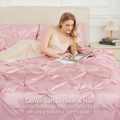 Image of BEDELITE Satin Comforter Set Queen Size, 7 Pieces Pintuck Bed in A Bag with Comforter, Flat Sheet, Fitted Sheet, Pillowcases, Shams, Soft Cozy Similar to Silk Bed Set for All Seasons (Pink)