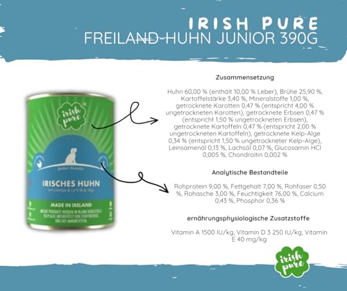 Irish Pure Junior Huhn – Hundefutter - 12kg + 6x390g - Trockenfutter & Nassfutter für Welpen – getreidefrei – mit Freiland-Huhn, Gemüse & Kelp-Alge – ohne Zusätze & künstliche Stoffe - Sparpaket