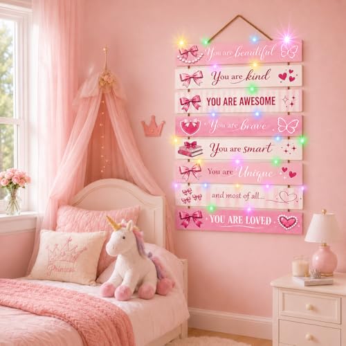 Cute Pink Bow Room Decor Set of 8 with Led Light for Teen Girls Kids Toddler, Preppy Inspirational Bow Wood Nursery Wall Decor for Dorm Bedroom, Dreamy Cozy Chic Motivational Princess Room Decor