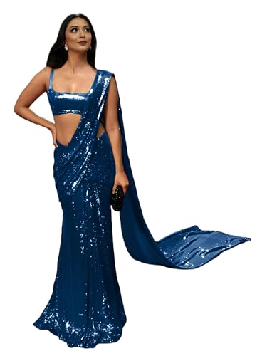 Image of Women's And Girl's Heavy Sequins Work Georgette Saree with Blouse (Wedding-Sequins-Party-Saree)