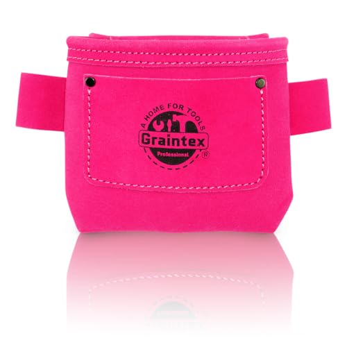 Graintex Nail, Screw Pouch with Clip Suede Leather, Universal Steel Clip for Belt, Riveted for Durability, for Constructors, Electricians, Plumbers, Handyman (Pink)