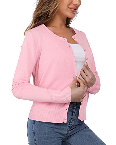 Newshows Women'S 2024 Fall Lightweight Button Down Long Sleeve Light Crew Neck Soft Trendy Pink Cardigan Sweater Tops thumb #2
