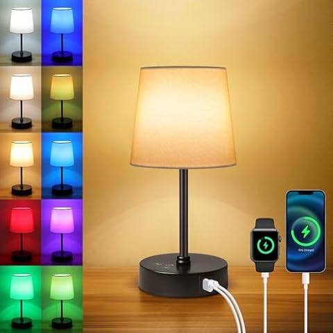 Ascher 1 Pack Small Bedside Table Lamp with 3 Color Temperatures, Dimmable Nightstand Lamp with Dual USB Ports, Touch Control RGB Color Desk Lamp for Bedroom Living Room Study Office(Cream Shade) Cover