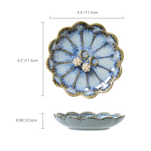 Image of Lotus Ring Holder Dish Small Indoor Ash Tray, Ceramic Dessert Plate Trinket Jewelry Holder Organizing Necklace Earrings for Parents Friends Sister, All Jewelries Are NOT Included, Retro Blue.
