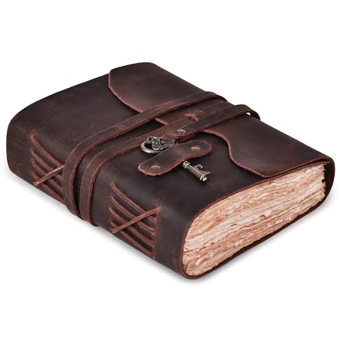 Image of LEATHER VILLAGE Leather Journal Blank Pages Key Lock, Rustic Brown 10x7. | Handmade Deckle Edge paper, 200 Blank Pages ,Book Of Shadows, Sketchbook, Scrapbook, Leather Journal , Chocolate Brown 10x7