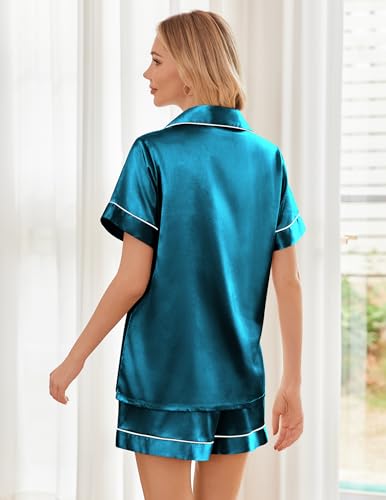 Image of Ekouaer Womens Silk Satin Pajama Sets Soft Short Sleeve Button Down Sleepwear Top and Shorts 2 Piece Pjs Lounge Set