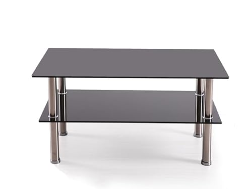 Rattanland® Couchtisch Glas, Wohnzimmertisch, Couchtisch Schwarz, Tisch Wohnzimmer, Coffee Table, Couchtische, Wohnzimmer Tisch, 2 Ablagen aus Hartglas 90 cm x 50 cm x 43 cm H (Schwarz)