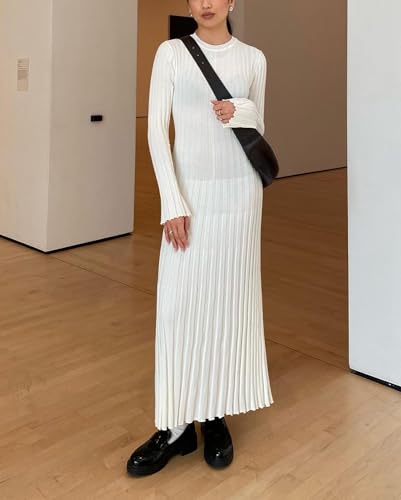 Image of Women's Long Sleeve Sweater Dress Ankle Length Fall Dress Vneck Knit Winter Dress