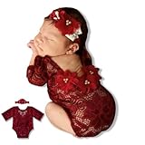 ForBaysy Infant Newborn Photography Props Girl Outfit Lace Romper with Cute Flower Headband Newborn Dress Posing Props