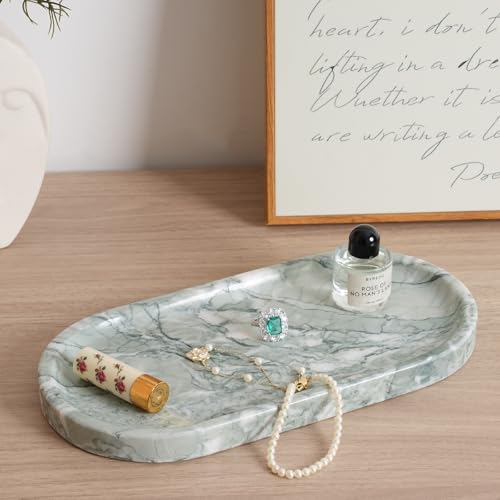 Image of Koville Marble Bathroom Tray for Countertop, Vanity Tray Stone Trays for Decor, Natural Marble Decorative Tray for Dresser Organizer, Storage Trays for Perfume, Jewelry, Cosmetics(Retro Light Green)