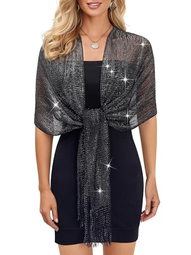 Womens Sparkly Metallic Knit Fringe Scarf Glitter Long Skinny Scarf for Party3