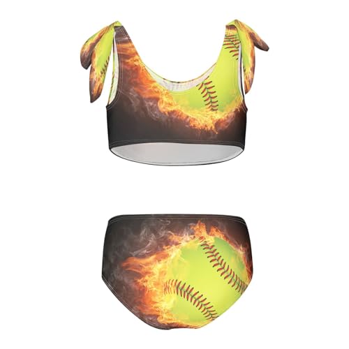 Sports Baseball Fire Girls Swimsuits 2 Piece Green Ball Softball Swimwear Bikini Set Bathing Suit for Girl Kids2