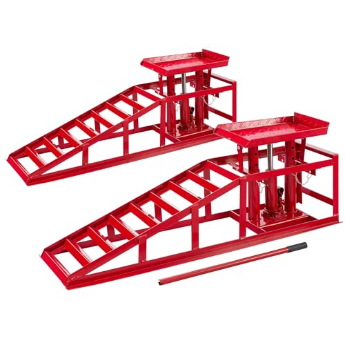 Arebos Lot de 2 Rampes d&rsquo;Acc&egrave;s avec Cric Hydraulique 2T | Pont &Eacute;l&eacute;vateur Auto XXL | Largeur d&rsquo;Acc&egrave;s 257 mm | Plateforme de Levage avec Soupape de S&eacute;curit&eacute; | Hauteur R&eacute;glable | Rouge