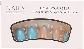 Press on Nails 24 Pcs Blue Nude Glitter Short | Contrasting Color Design, Removable, DIY Manicure, Oval Shape, Starry Sky Accent