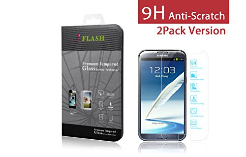 iFlash® 2 Pack of Premium Tempered Glass Screen Protector For Samsung Galaxy Note 2 / Note II / N7100 - Protect Your Screen from Scratches and Bubble Free - Maximize Your Resale Value - 99.99% Clarity and Touchscreen Accuracy (2Pack, Retail Package)