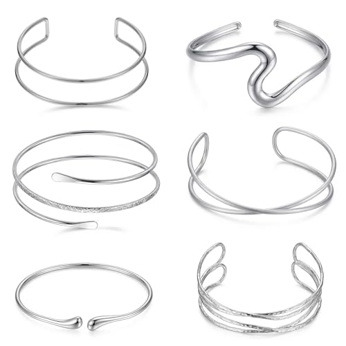 Cobee 6 Stück Oberarmreif Silber 8cm Armreif Oberarm Einstellbar Armreifen Silber damen Minimalistischen Boho Punk Swirl Armreif Griechische Coil Armband Set Zarter Geschenk für Mädchen